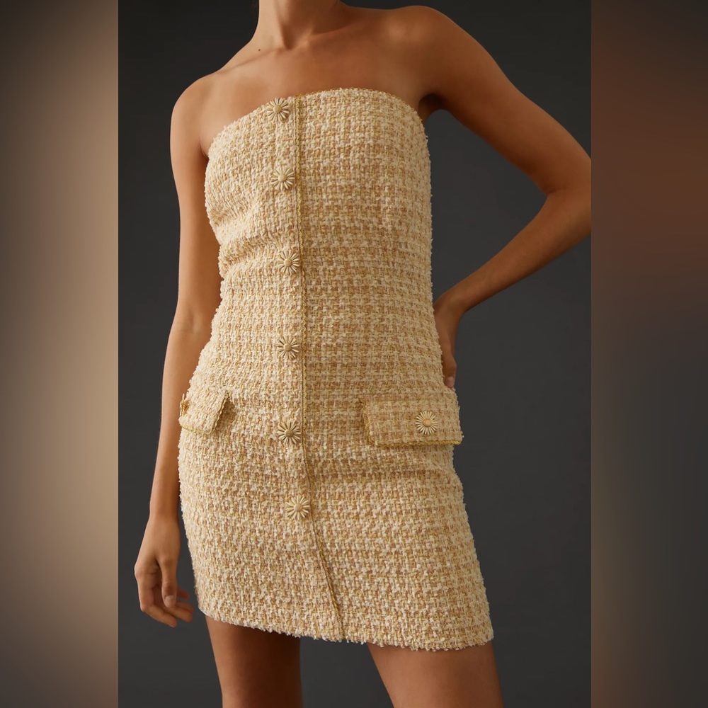 Eva Franco Strapless Tweed Mini Dress with Floral Buttons - Picture 6 of 16